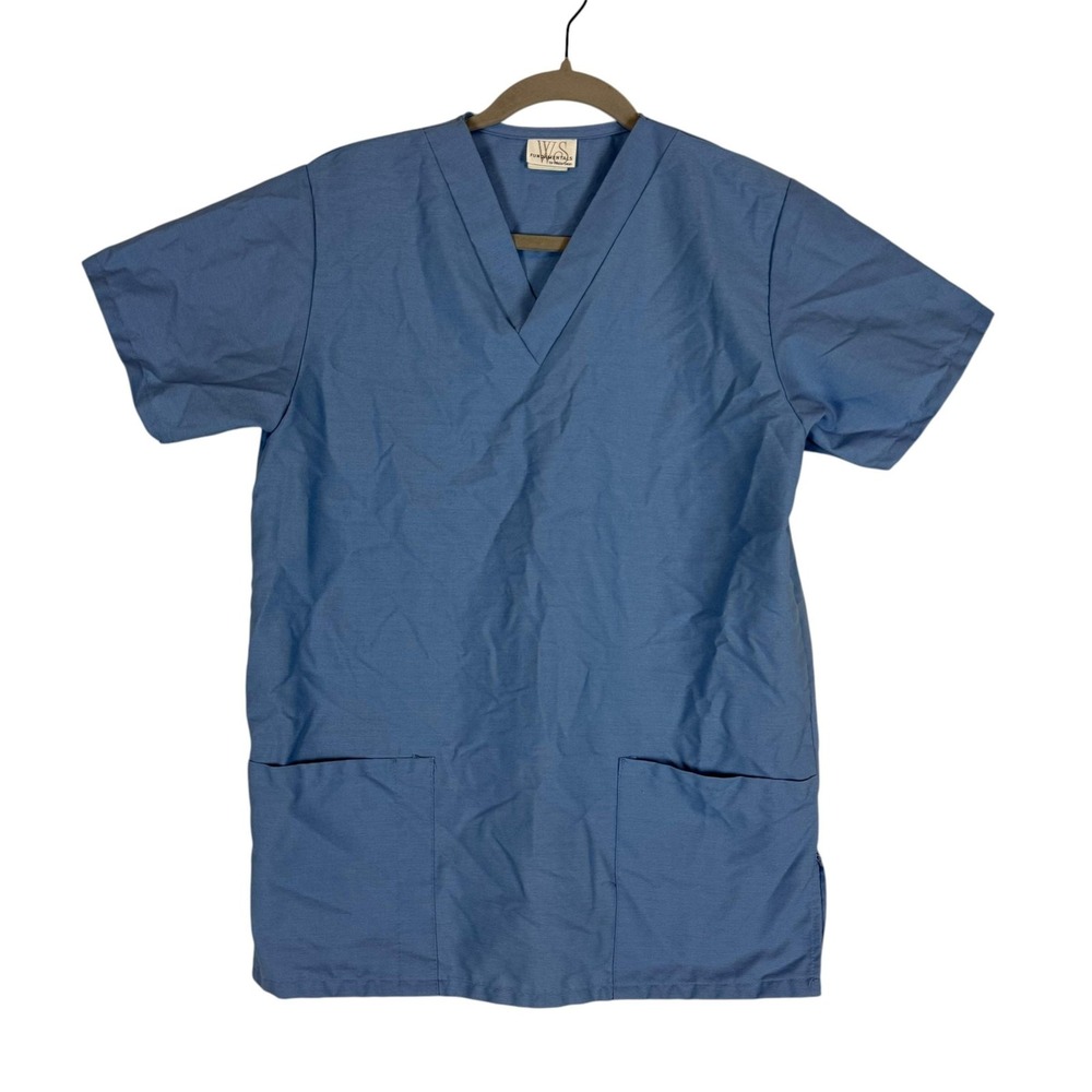 Fundamentals Scrub Top Womens XS Blue V Neck Medical Short Sleeve Pockets